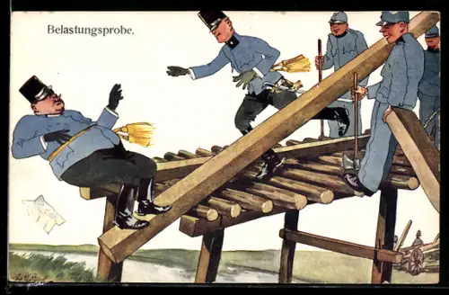 Künstler-AK Fritz Schönpflug: Soldat stürzt von einer Brücke