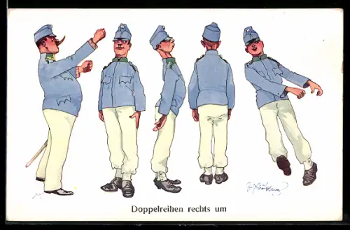 Künstler-AK Fritz Schönpflug: Doppelreihen rechts um, Soldatenhumor