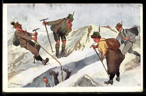 Künstler-AK Fritz Schönpflug: Bergsteiger an einer Gletscherspalte