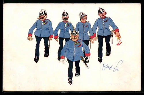 Künstler-AK Fritz Schönpflug: Soldaten in Uniformen mit Helmen