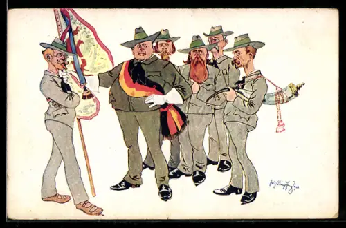 Künstler-AK Fritz Schönpflug: Patrioten mit Fahne und Trinkhorn, Karikatur