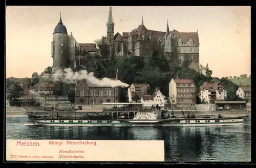 AK Meissen, Königl. Albrechtsburg und Dampfer Bodenbach