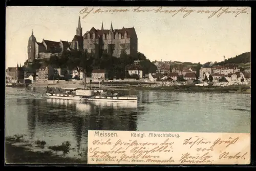AK Meissen, Königl. Albrechtsburg mit Elbepartie und MS Libussa