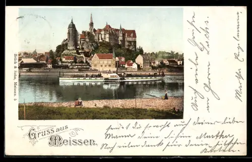 AK Meissen, Albrechtsburg, Dom, Dampfschiff auf der Elbe