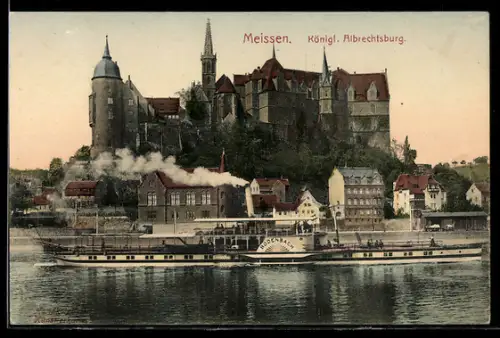 AK Meissen, Elbedampfer Bodenbach passiert die Albrechtsburg