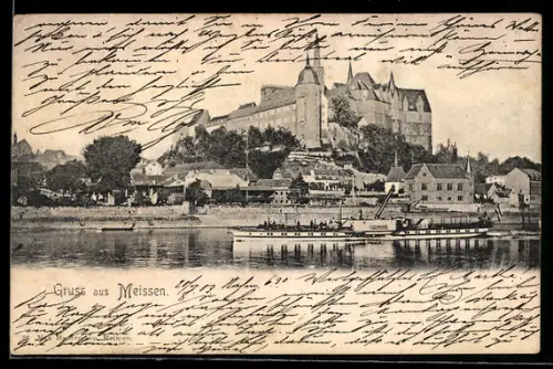 AK Meissen, Blick auf die Königliche Albrechtsburg, mit Elbdampfer