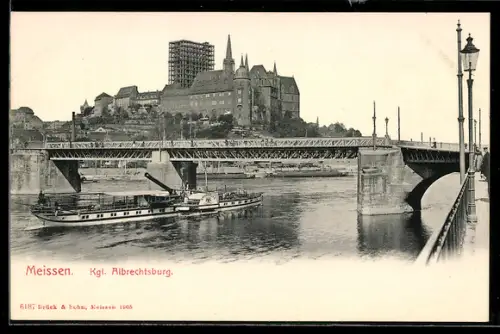 AK Meissen, Elbedampfer MS Kronprinz passiert die Kgl. Albrechtsburg