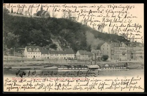 AK Meissen, Elbdamm mit Martinsplatz und Martinskirche, Dampfer Pirna