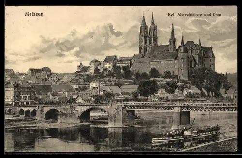 AK Meissen, Kgl. Albrechtsburg, Dom und Elbdampfschiff Tetschen