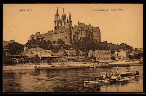 AK Meissen, Elbedampfer König Georg passiert Albrechtsburg und Dom