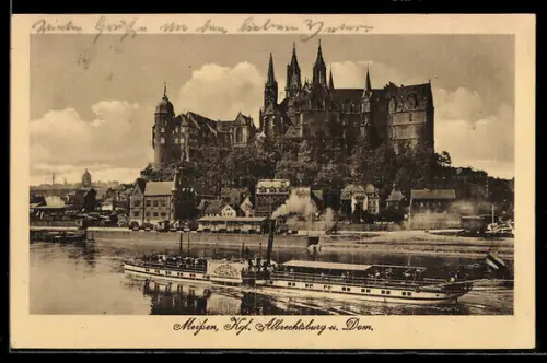 AK Meissen, Albrechtsburg, Dom und Elbdampfschiff König Georg