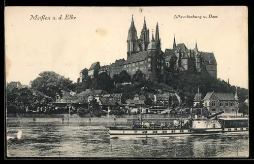 AK Meissen a. d. Elbe, Albrechtsburg mit Elbdampfschiff Schandau