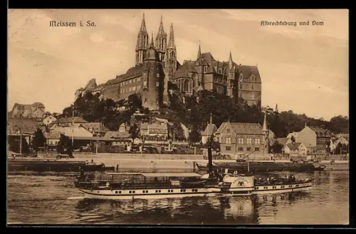 AK Meissen, Raddampfer Kronprinz auf der Elbe, Königliche Albrechtsburg und Dom