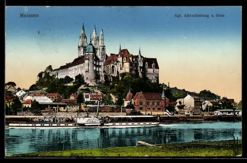 AK Meissen, Albrechtsburg mit Elbdampfschiff König Georg