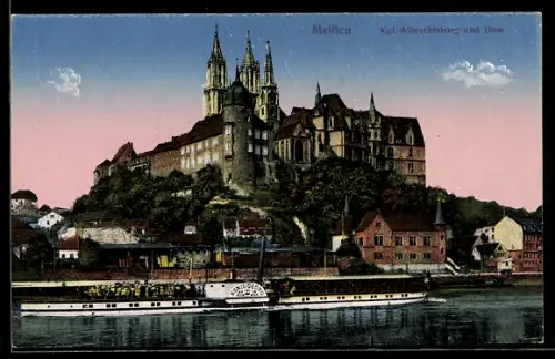 AK Meissen, Albrechtsburg mit Elbdampfschiff König Georg