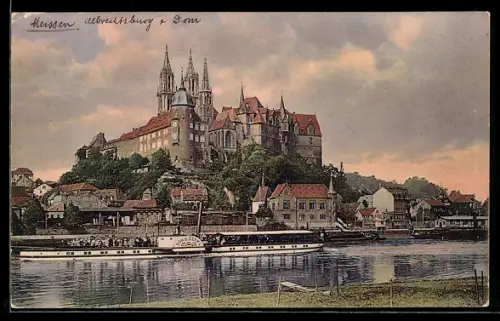 AK Meissen, Albrechtsburg mit Elbdampfschiff König Georg