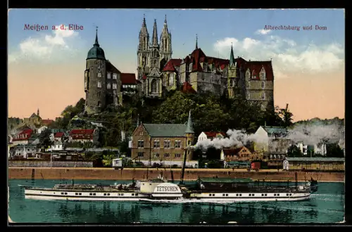 AK Meissen a. d. Elbe, Albrechtsburg und Elbdampfschiff Tetschen