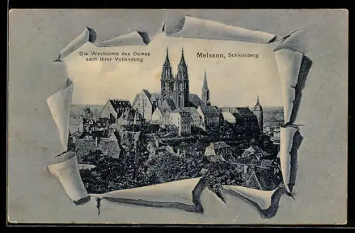 AK Meissen, Schlossberg, Westtürme des Domes nach ihrer Vollendung, Briefumschlag-Passepartout