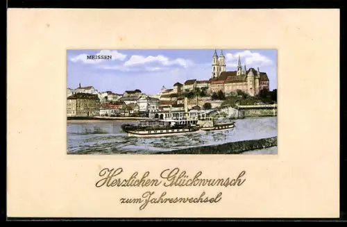 AK Meissen, Albrechtsburg, Dom, Dampfschiff auf der Elbe, Neujahrsgruss
