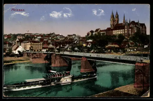 AK Meissen, Albrechtsburg, Dom, Elbbrücke, Schiff MS Bodenbach