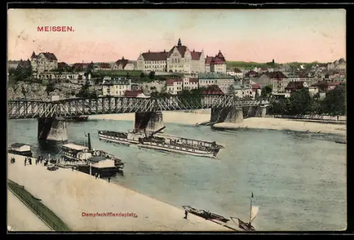 AK Cölln /Meissen, Dampfschiffanlegeplatz, Brücke, Ortsansicht