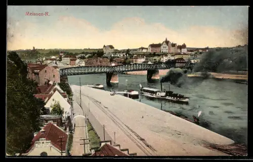 AK Cölln /Meissen, Brücke, Dampfschiff, Ortsansicht aus der Vogelschau