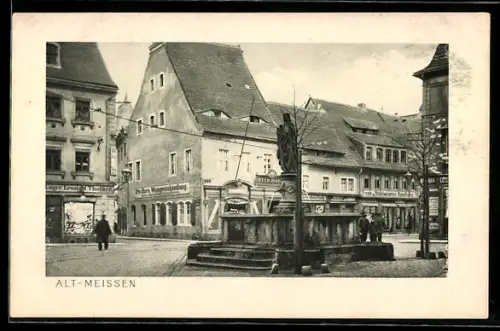 AK Meissen, Heinrichsplatz mit Brunnen und historischen Gebäuden