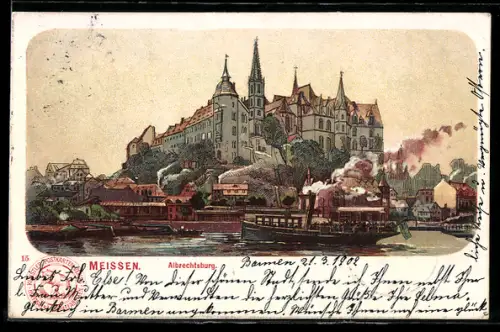 Lithographie Meissen, Albrechtsburg, Dampfer