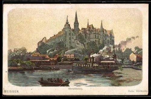 Lithographie Meissen, Albrechtsburg, rückseitig Reklame Hoffmanns Stärke