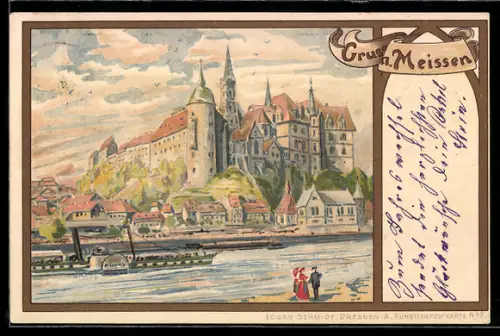 Lithographie Meissen, Albrechtsburg, Dom, Elbe, Dampfer