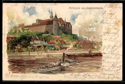Lithographie Meissen, Kgl. Albrechtsburg, Dampfschiff auf der Elbe