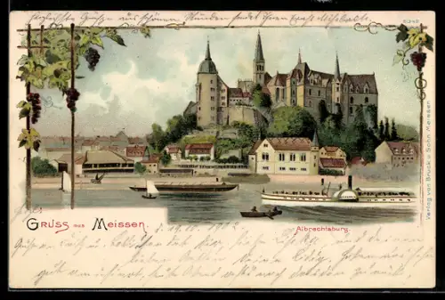Lithographie Meissen, Albrechtsburg, Schiffe, Weintrauben