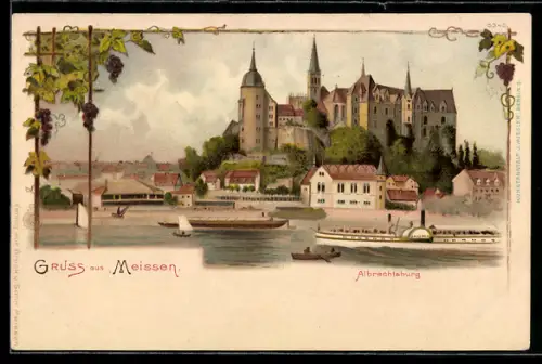 Lithographie Meissen, Albrechtsburg, Elbpanorama mit Schiffen, Weintrauben