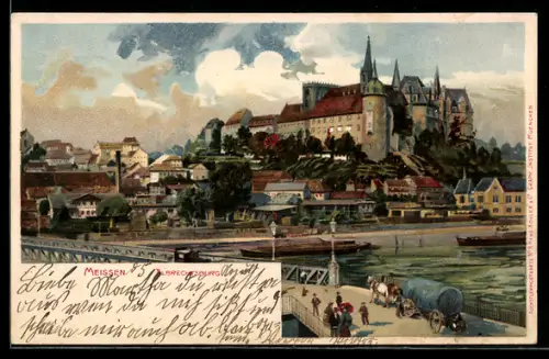 Lithographie Meissen, Albrechtsburg, Ortsansicht, Elbbrücke