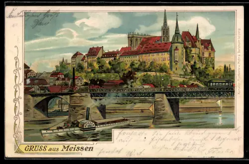 Lithographie Meissen, Albrechtsburg, Dom, Elbbrücke, Dampfschiff