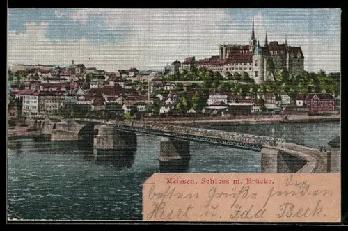 Seiden-Imitations-AK Meissen, Stadtpanorama mit Schloss, Brücke
