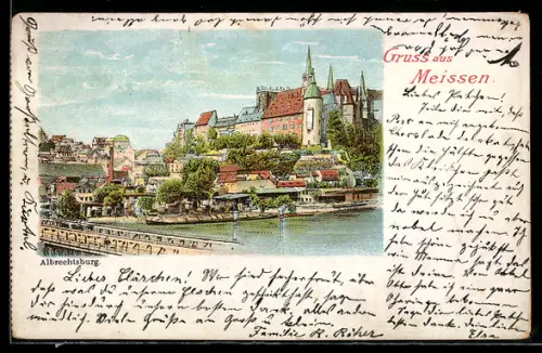 Lithographie Meissen, Teilansicht mit Brücke u. Albrechtsburg