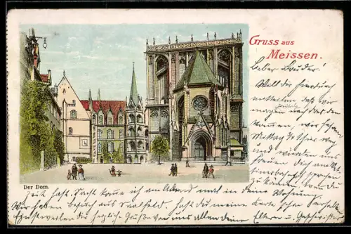 Lithographie Meissen, Dom mit Vorplatz