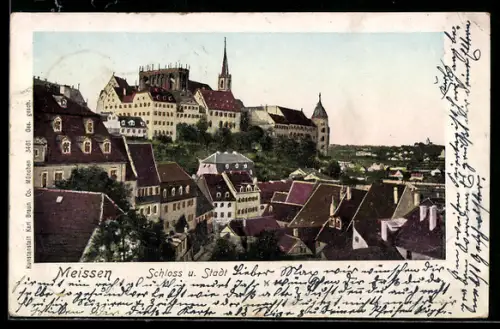 Goldfenster-AK Meissen, Schloss und Stadt