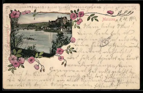 AK Meissen, Blick auf Albrechtsburg und Elbe, Rosen-Ranke