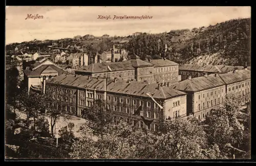 AK Meissen, Königl. Porzellanmanufaktur mit Umgebung aus der Vogelschau