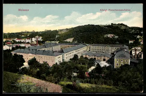 AK Meissen, Königl. Porzellanmanufaktur mit Umgebung aus der Vogelschau