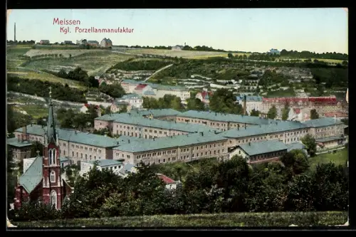 AK Meissen, Kgl. Porzellanmanufaktur mit Kirche aus der Vogelschau