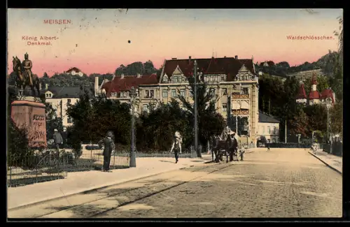 AK Meissen, König Albert-Denkmal mit Strasse u. Waldschlösschen