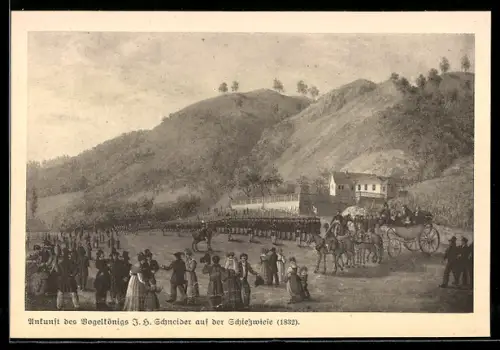 Künstler-AK Meissen, Ankunft des Vogelkönigs J. S. Schneider auf der Schiesswiese 1832, Festpostkarte