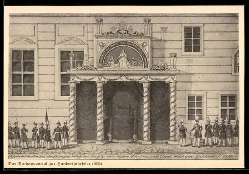 Lithographie Meissen, Rathausportal zur Hundertjahrfeier 1835, Festpostkarte