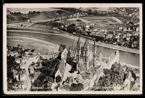 AK Meissen i. Sa., Teilansicht mit Dom, Albrechtsburg u. Elbe, Fliegeraufnahme