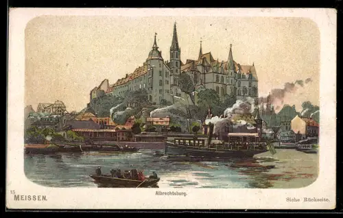 Lithographie Meissen, Albrechtsburg mit Dampfer, rückseitig Reklame Hoffmanns Stärke