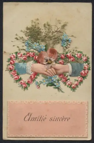 Trockenblumen-AK Gräser, Stiefmütterchen, Rosenherzen mit Händen eines Paars, Vergissmeinnicht