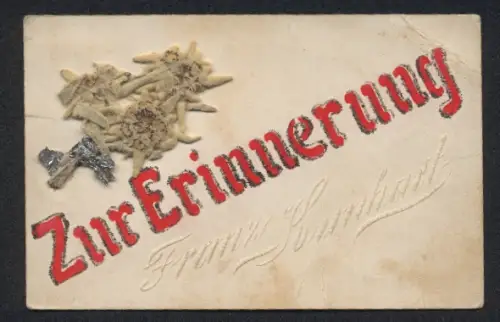 Trockenblumen-AK Zur Erinnerung, Edelweissblüten, Silberfolie, Schriftzug Franz Kunhart